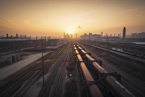 acero largo tubería en crudo petróleo fábrica durante puesta de sol foto