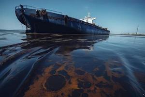 Oil leak from Ship , Oil spill pollution polluted water surface water pollution as a result of human activities photo