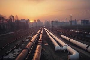 acero largo tubería en crudo petróleo fábrica durante puesta de sol foto