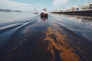 Oil leak from Ship , Oil spill pollution polluted water surface water pollution as a result of human activities photo