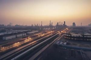 steel long pipes in crude oil factory during sunset photo