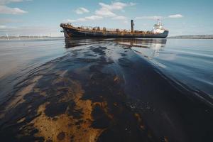 Oil leak from Ship , Oil spill pollution polluted water surface water pollution as a result of human activities photo