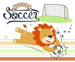 Funny lion playing soccer on colorful stripe background, vector cartoon illustration