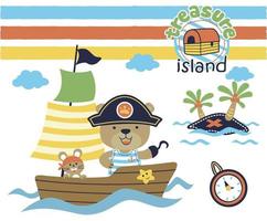 Cute bear with mice on sailboat, pirate sailing elements, vector cartoon illustration