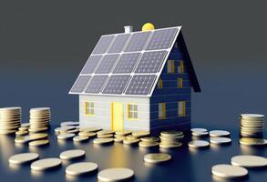 Toy house with solar panels and stack of coins. photo