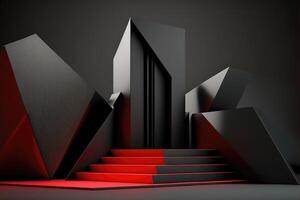 Abstract geometric black podium with red carpet. photo