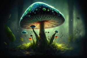 Fantasy mushroom wallpaper in the forest. photo