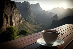 Cup of black coffee placed on the table on the balcony overlooking front the mountain. photo