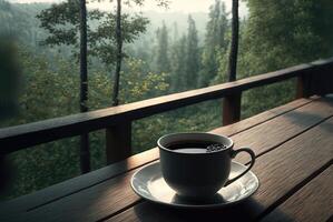 ai generado taza de negro café metido en el mesa en el balcón con vista a frente el montaña. foto