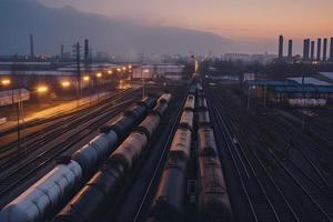 acero largo tubería en crudo petróleo fábrica durante puesta de sol foto