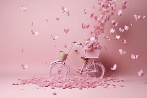 Flowers fly out from pink bicycle bascet on pink background. Romanitic concept for Valentine day photo