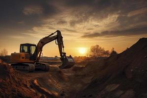 Excavator in construction site on sunset sky photo