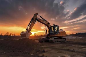 excavador en construcción sitio en puesta de sol cielo foto