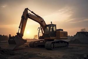 Excavator in construction site on sunset sky photo