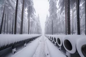 Huge industrial pipelines of central heating system. Snow on pipes photo