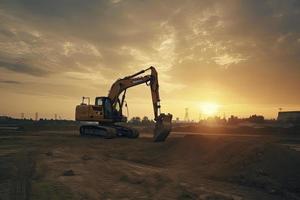 Excavator in construction site on sunset sky photo