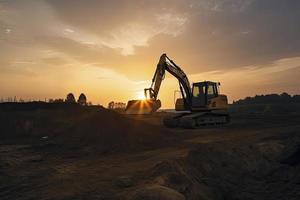 Excavator in construction site on sunset sky photo