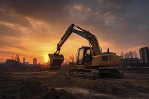 Excavator in construction site on sunset sky photo