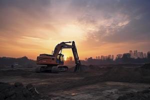Excavator in construction site on sunset sky photo