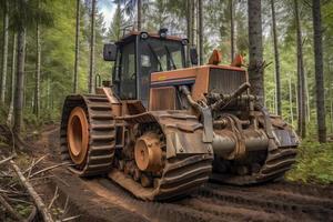 Cable skidder pulling logs in forest photo