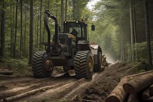 Cable skidder pulling logs in forest photo