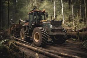 Cable skidder pulling logs in forest photo