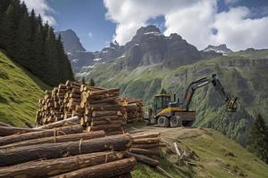 crane loading cut tree trunks on stack on mountain photo