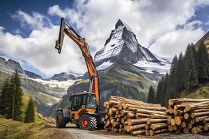 crane loading cut tree trunks on stack on mountain photo