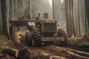 Cable skidder pulling logs in forest photo