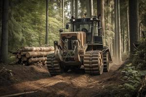 Cable skidder pulling logs in forest photo