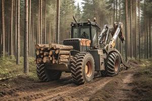 Cable skidder pulling logs in forest photo