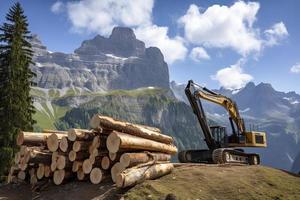 crane loading cut tree trunks on stack on mountain photo