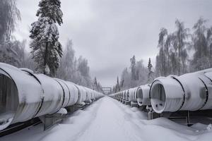 Huge industrial pipelines of central heating system. Snow on pipes photo
