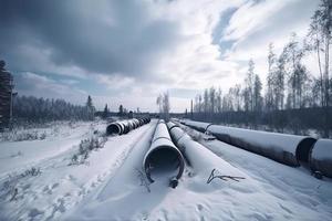Huge industrial pipelines of central heating system. Snow on pipes photo
