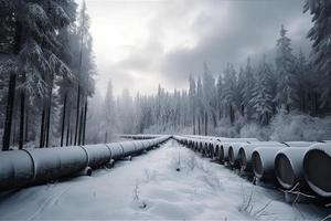 enorme industrial oleoductos de central calefacción sistema. nieve en tubería foto