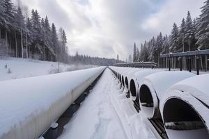 enorme industrial oleoductos de central calefacción sistema. nieve en tubería foto