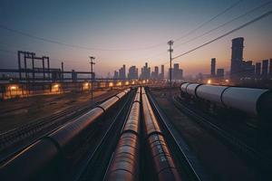 acero largo tubería en crudo petróleo fábrica durante puesta de sol foto