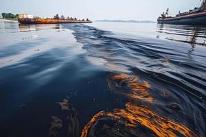 Oil leak from Ship , Oil spill pollution polluted water surface water pollution as a result of human activities photo