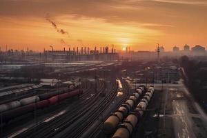 acero largo tubería en crudo petróleo fábrica durante puesta de sol foto