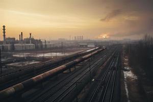 steel long pipes in crude oil factory during sunset photo
