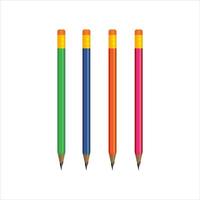 Realistic pencils. 3D colored school stationery with sharpener and shavings. Vector set isolated wooden graphite sharpened pencils with rubber of different size