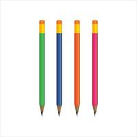 Realistic pencils. 3D colored school stationery with sharpener and shavings. Vector set isolated wooden graphite sharpened pencils with rubber of different size