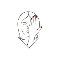 Muslim Hijab girl hide face with hand outline potrait. Muslim girl face line art vector