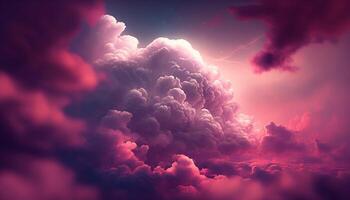 , Pink magenta fantastic clouds, sky and landscape. Gentle colors and with bright lights photo