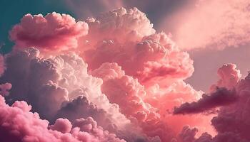 , Pink magenta fantastic clouds, sky and landscape. Gentle colors and with bright lights photo