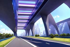 futurista moderno futuro ciudad con autopista y puente, generativo Arte por ai foto