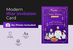 iftar invitación tarjeta diseño con colgando iluminado linternas en púrpura antecedentes y evento detalles. vector