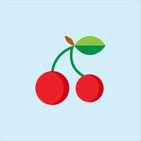 Isolated red and ripe cherry, flat fruit vector for creative design. Flat red cherry vector on light blue surface. Fruity, juicy, wrap vector clip art for food and drinks. Free cherry illustration.