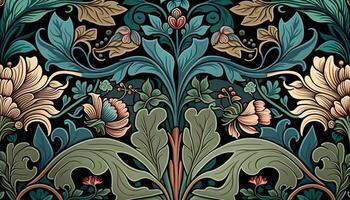 generativo ai, floral vistoso modelo. Guillermo morris inspirado natural plantas y flores fondo, Clásico ilustración. follaje ornamento. foto