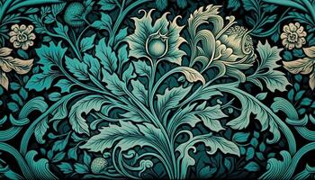 generativo ai, floral verde azulado, verde azul modelo. Guillermo morris inspirado natural plantas y flores fondo, Clásico ilustración. follaje ornamento. foto